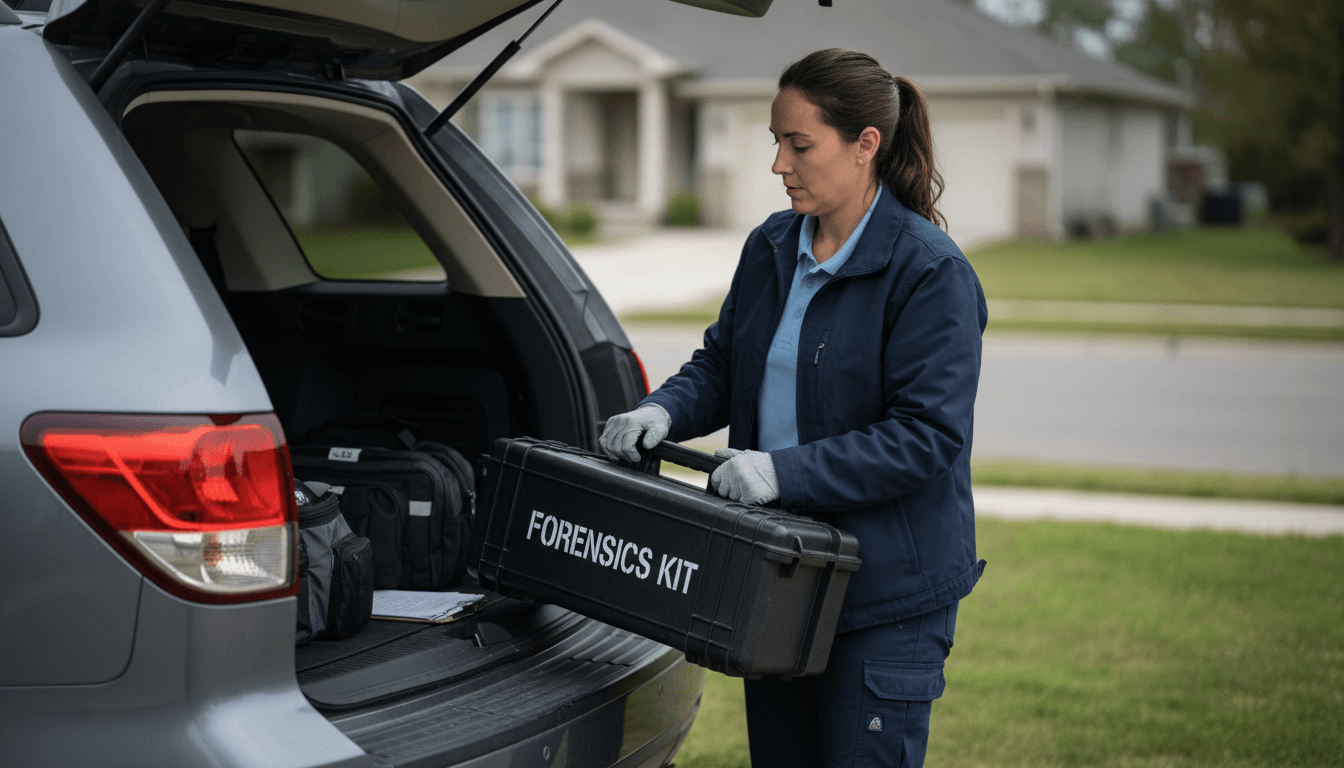 Technician loading a portable fingerprinting kit into a vehicle