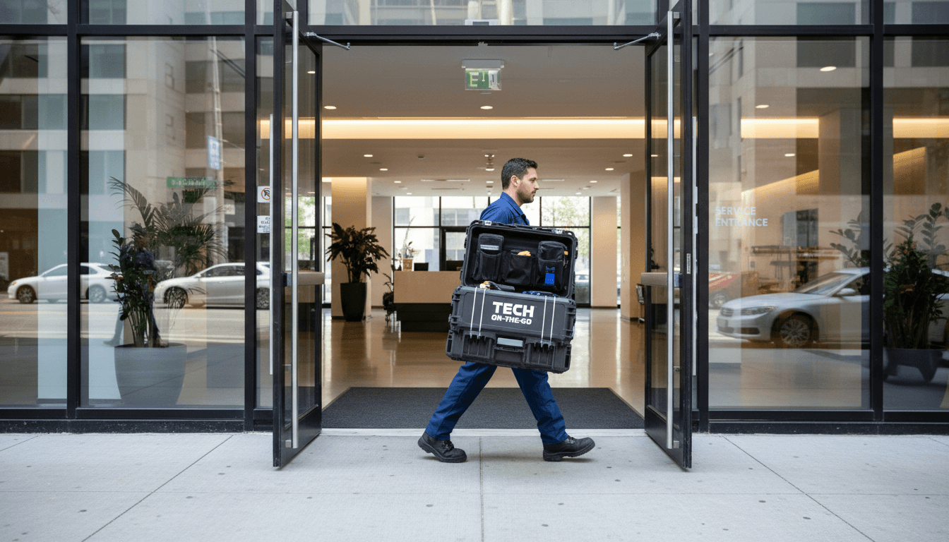 Mobile service kit being carried into an office building
