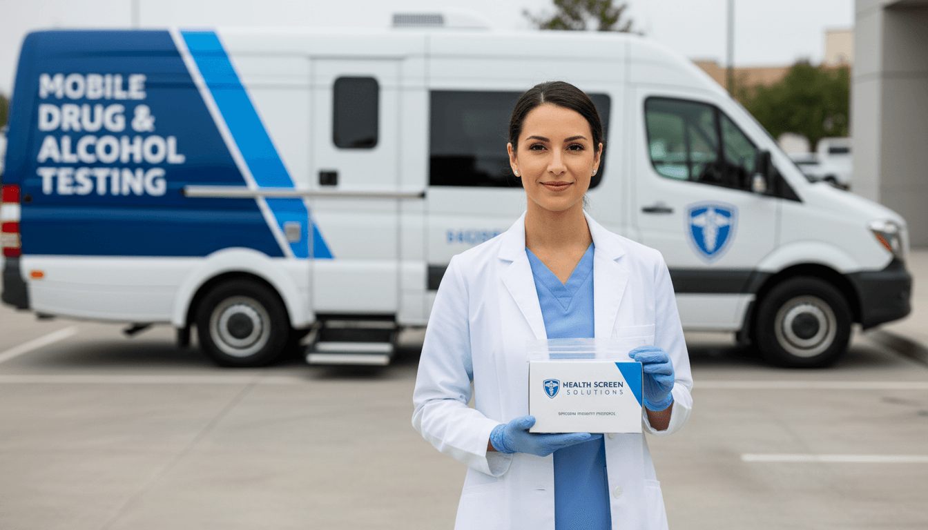Professional drug testing collector holding specimen kit in front of mobile testing vehicle