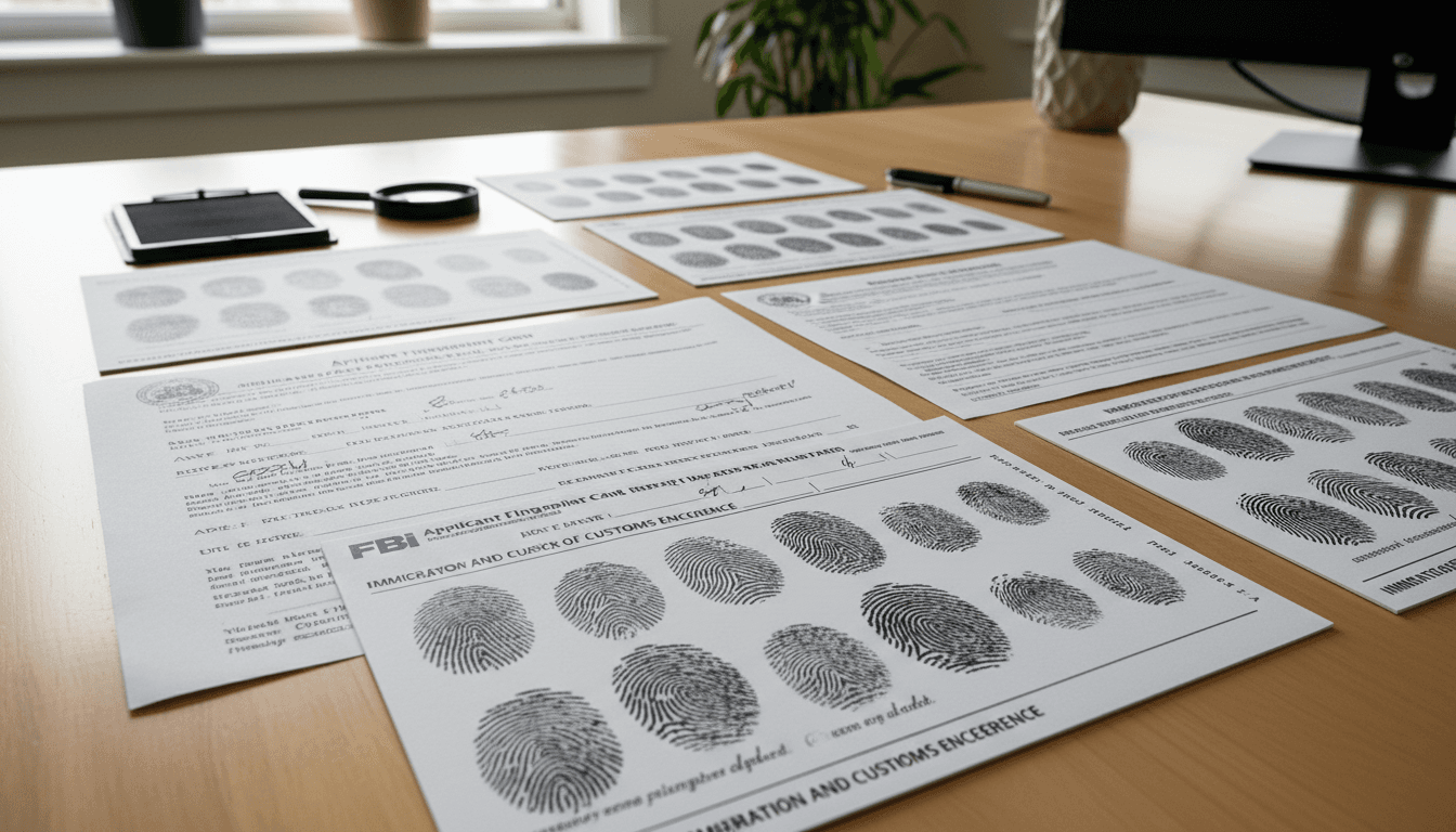 Completed fingerprint cards on a desk