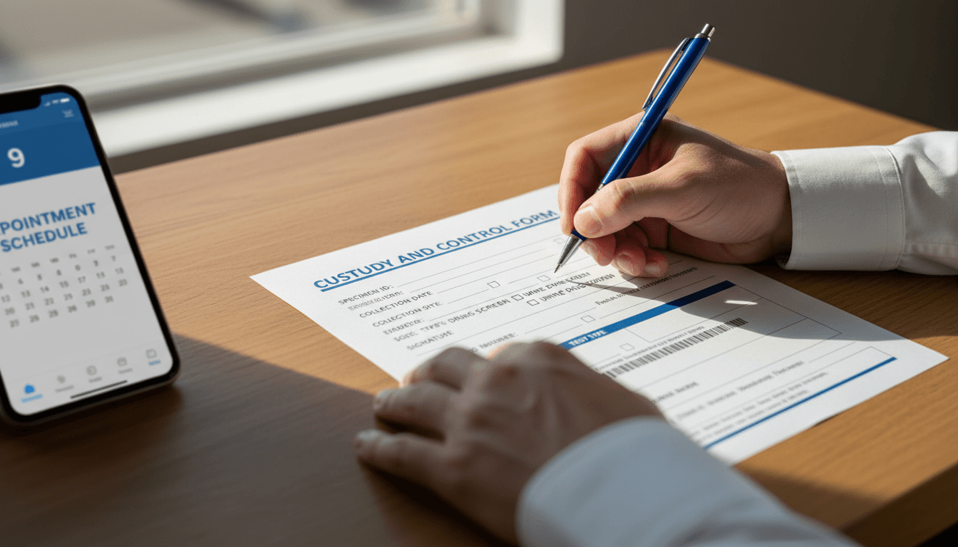 Close-up of professional completing drug test documentation form