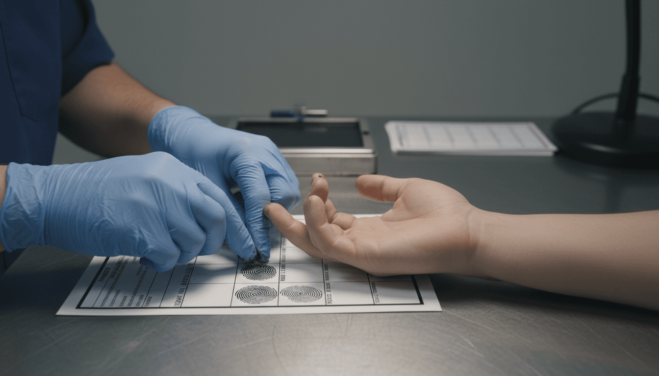Technician rolling inked fingers onto a fingerprint card
