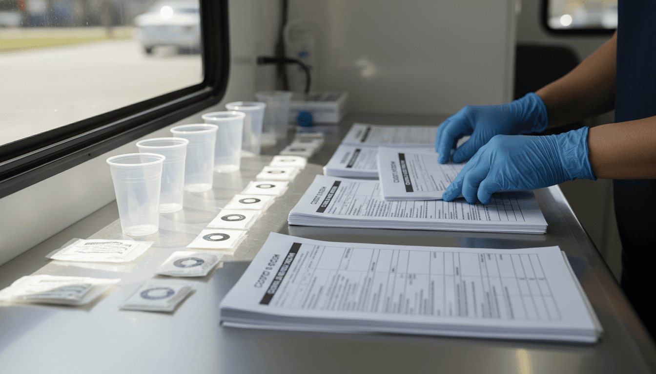 Drug testing collector preparing compliant specimen collection materials