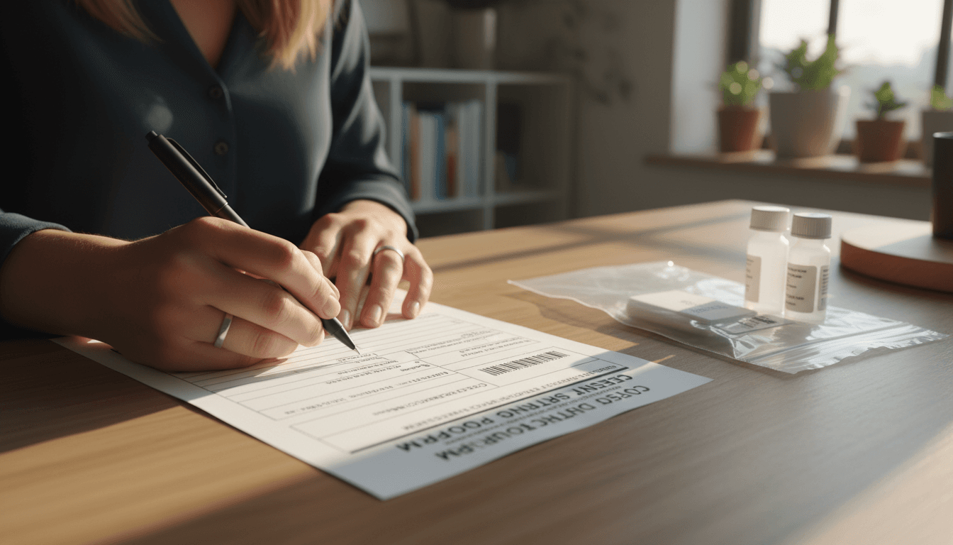 Hands completing CCF documentation for drug test collection