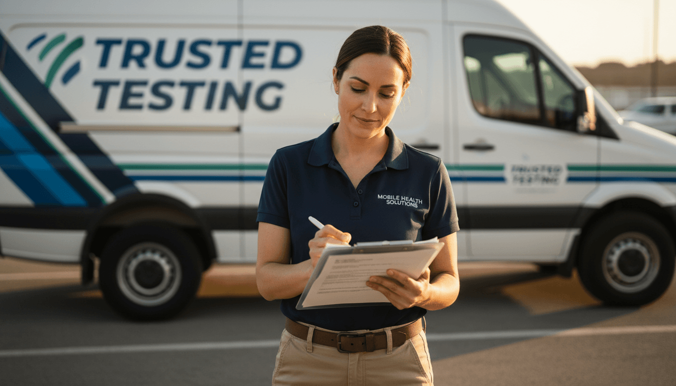 Professional mobile drug testing service provider reviewing compliance documentation