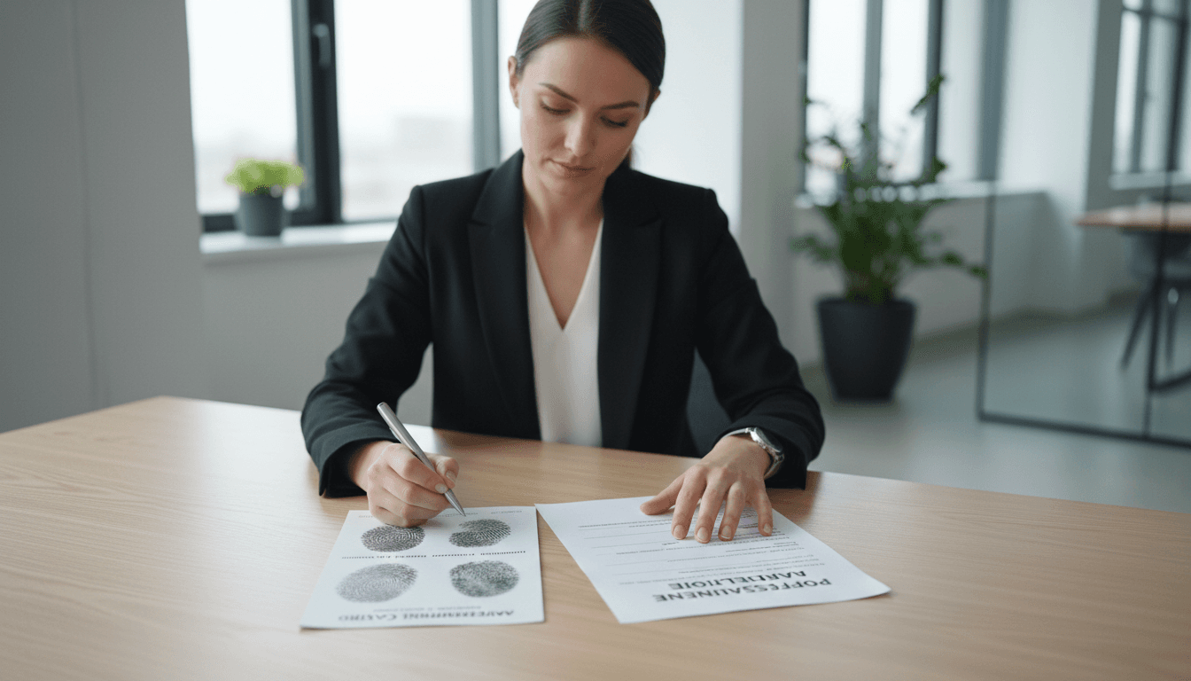 Professional reviewing a completed fingerprint card next to paperwork