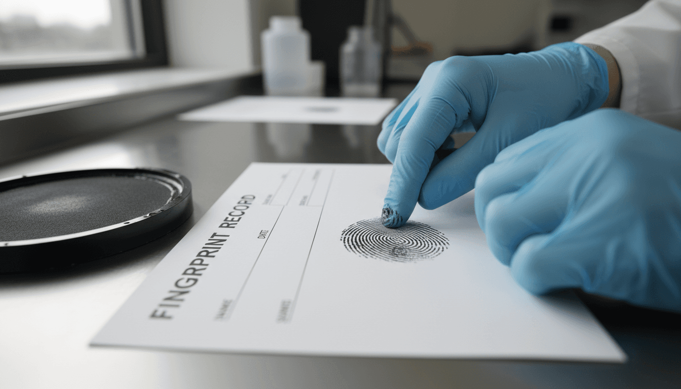 Technician's hands rolling a fingerprint onto a white card