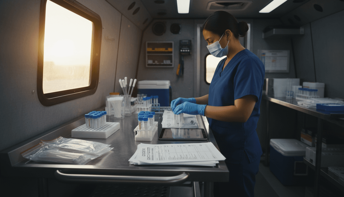 Professional drug testing collector preparing compliant specimen collection at a mobile testing station