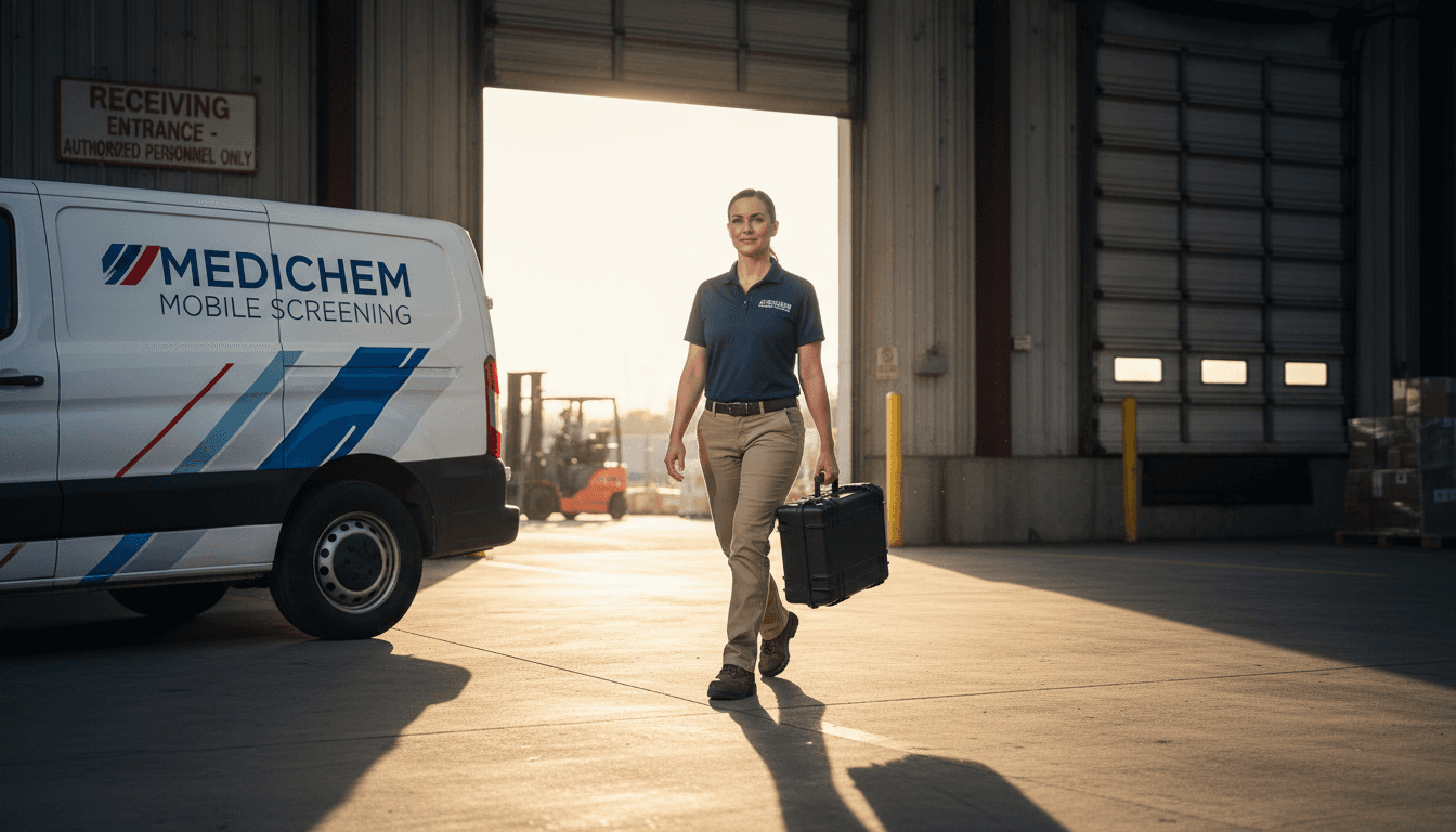 Mobile drug testing collector arriving at warehouse for on-site collection