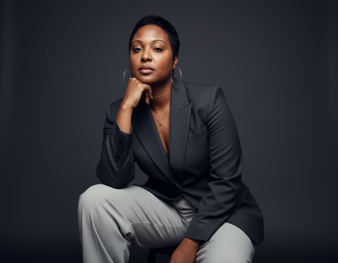 Black woman with short hair in a dark blazer posing thoughtfully against dark background.